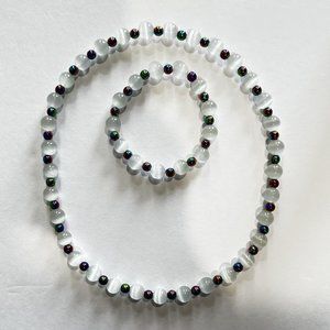 10mm White Tiger Eye & Rainbow Hematite Spacer Stretch Bracelet & Necklace set